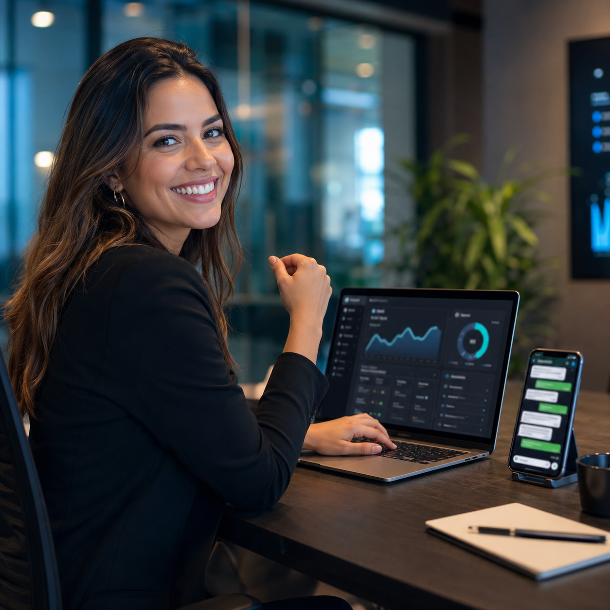 Consultora comercial sorrindo enquanto usa a plataforma da AnySale com dashboard no laptop e conversa no WhatsApp